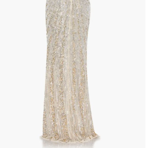 MAC DUGGAL ONE SHOULDER SEQUIN BEADED LACE UP BACK NUDE/SILVER GOWN sz 2 - Picture 8 of 8